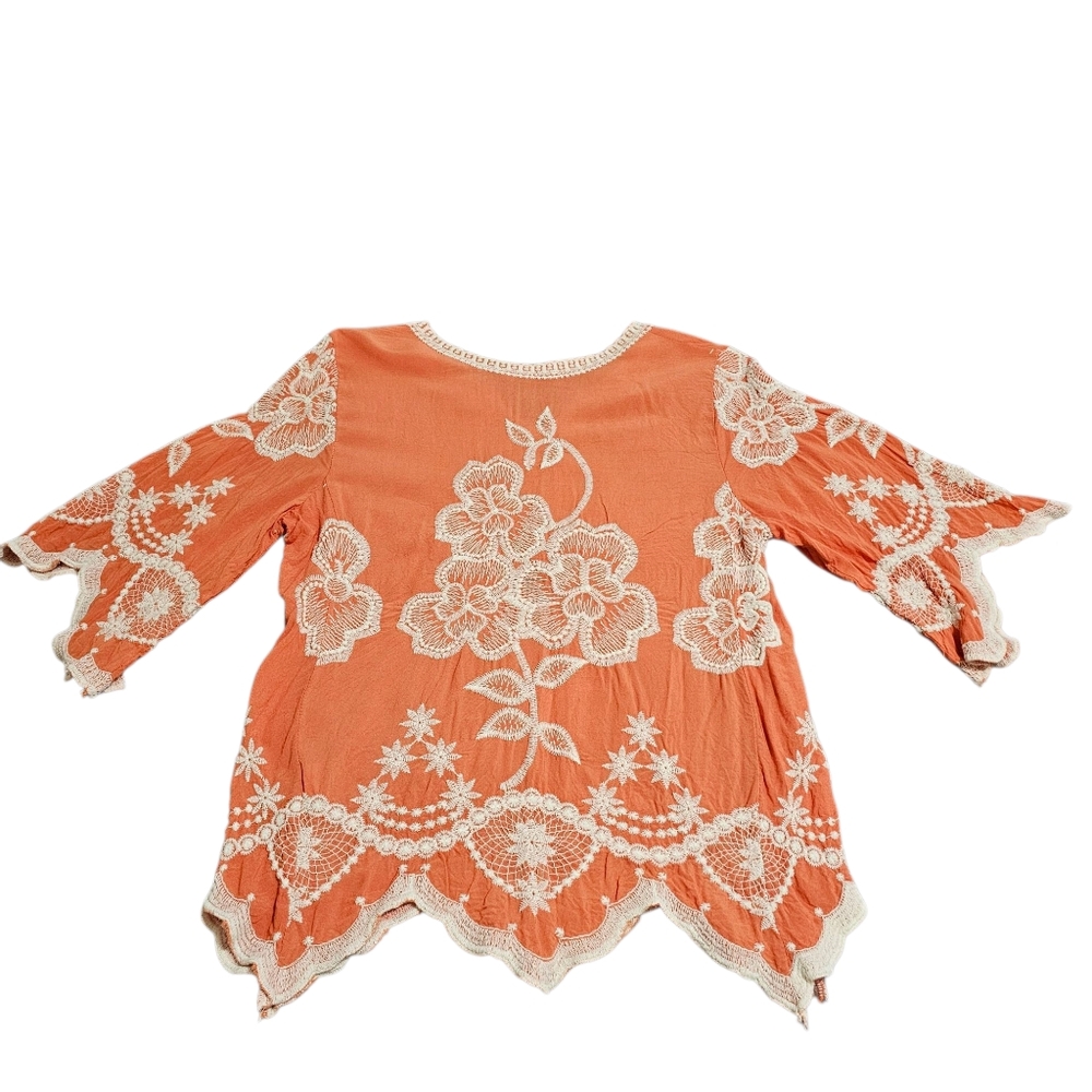 Solitaire Embroidered Boho Top Scalloped Trim Apricot/ White  Medium - Picture 3 of 9